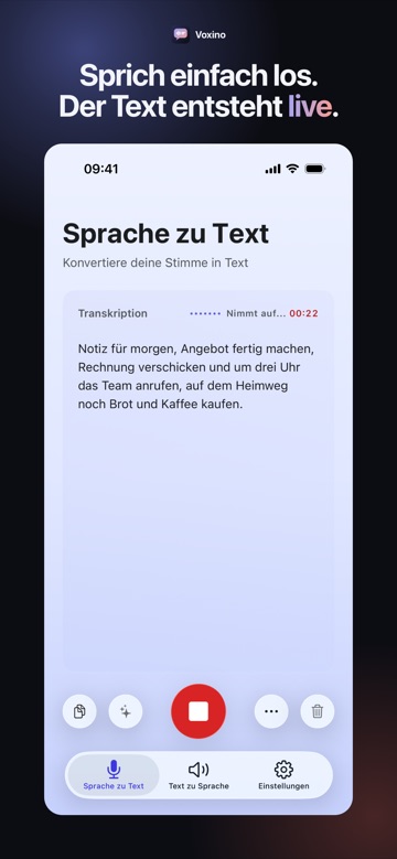 Sprache zu Text: Der Text entsteht live, während du sprichst.