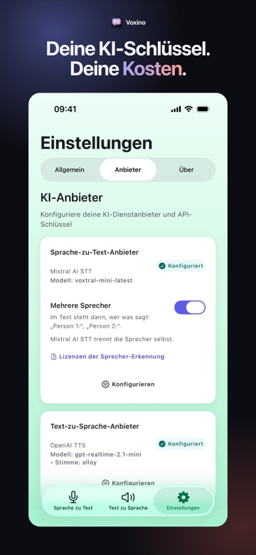 Anbieter: Deine eigenen KI-Schlüssel, mit der Sprecher-Trennung im Blick.