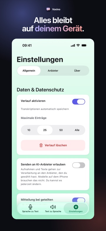 Datenschutz: Verlauf auf dem Gerät und deine Zustimmung, bevor etwas gesendet wird.