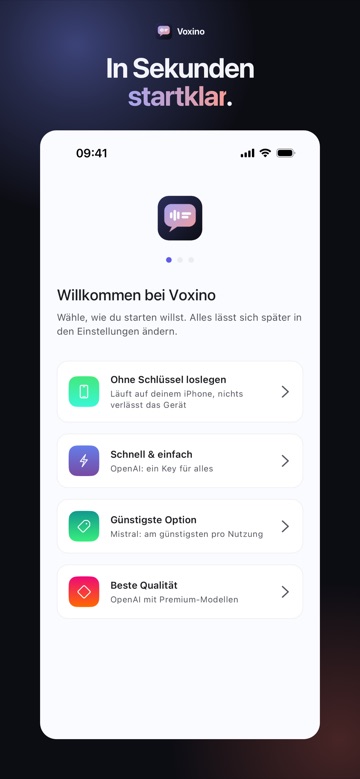 Start: Ohne Schlüssel loslegen oder einen Anbieter wählen.